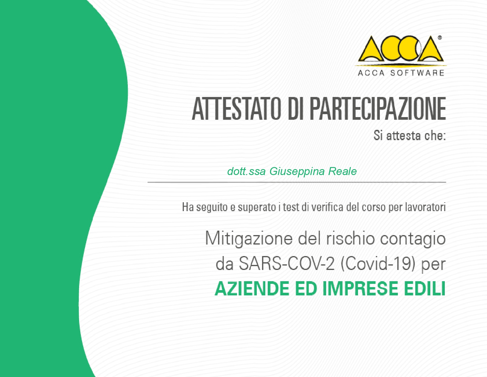 Certificato Corso di Formazione Mitigazione del rischio contagio Covid19